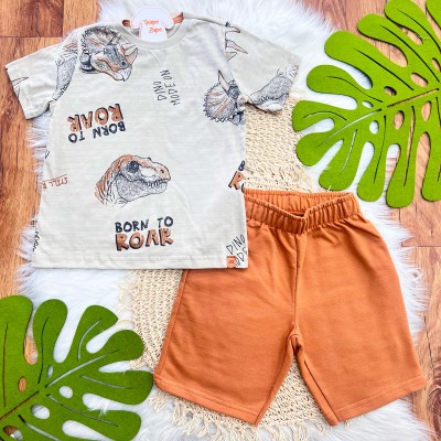 Conj. Camiseta Dino Mode On e Bermuda - Areia e Ferrugem